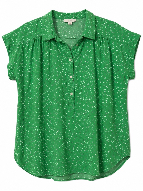 LOFT Tops - LOFT Green Printed Cap-Sleeve Button Front Blouse-M